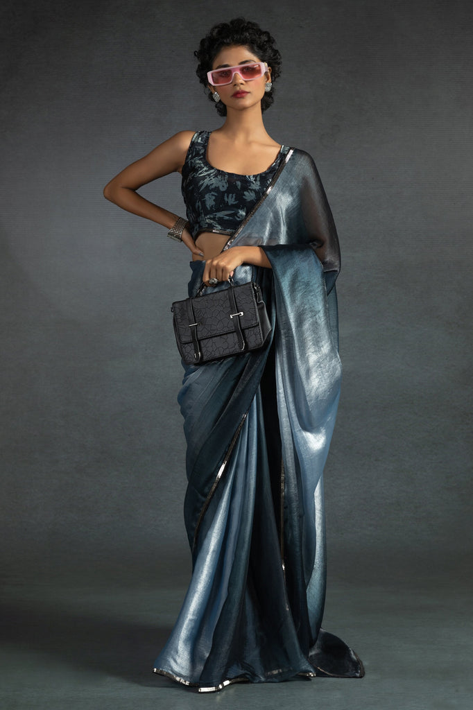 Dazzling Dusty Blue Diamond Work Satin Party Wear Pre-Stitched Saree