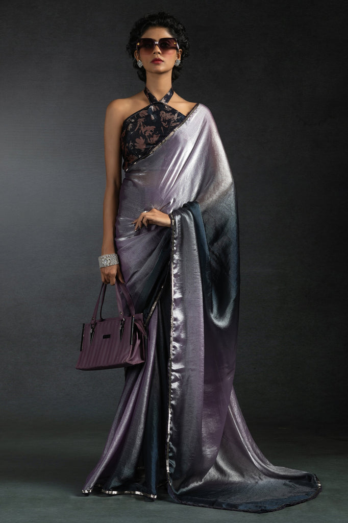 Surprising Lavender Diamond Work Satin Party Wear Pre-Stitched Saree