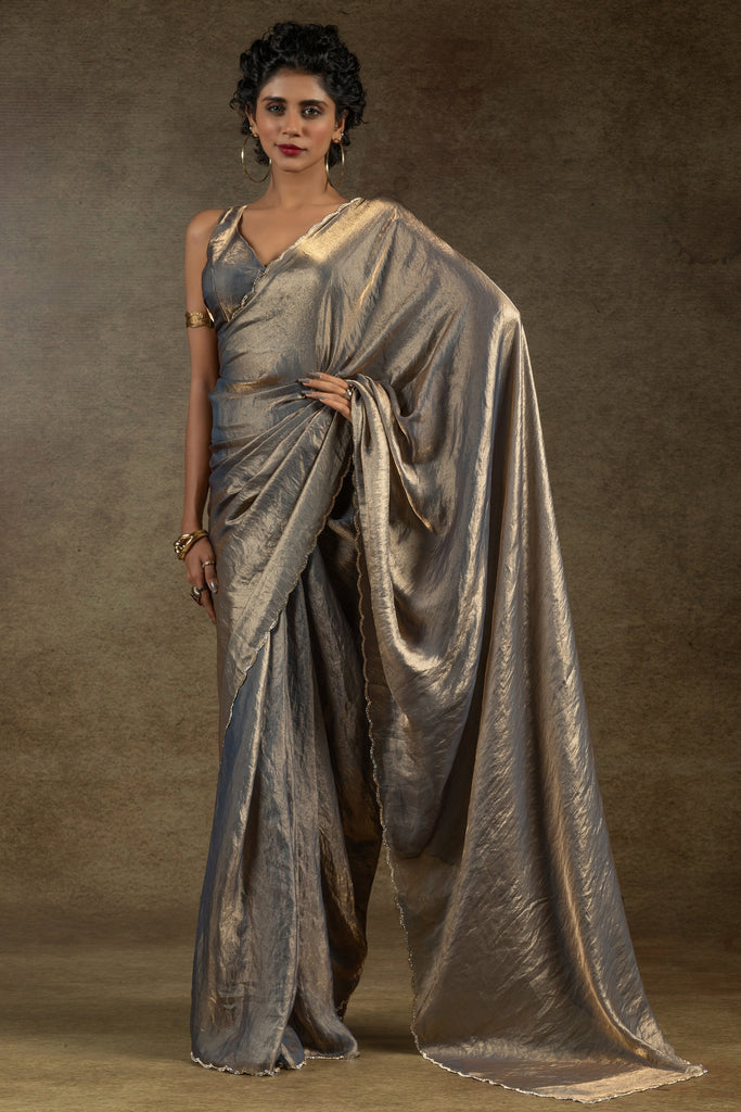 Adorable Grey Diamond Border Satin Party Wear Pre-Stitched Saree