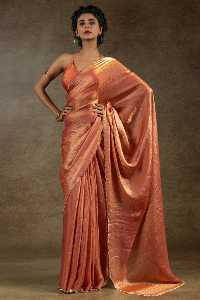 Tantalizing Peach Diamond Border Satin Party Wear Pre-Stitched Saree