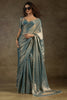 Lovely Dusty Blue Diamond Border Satin Party Wear Pre-Stitched Saree