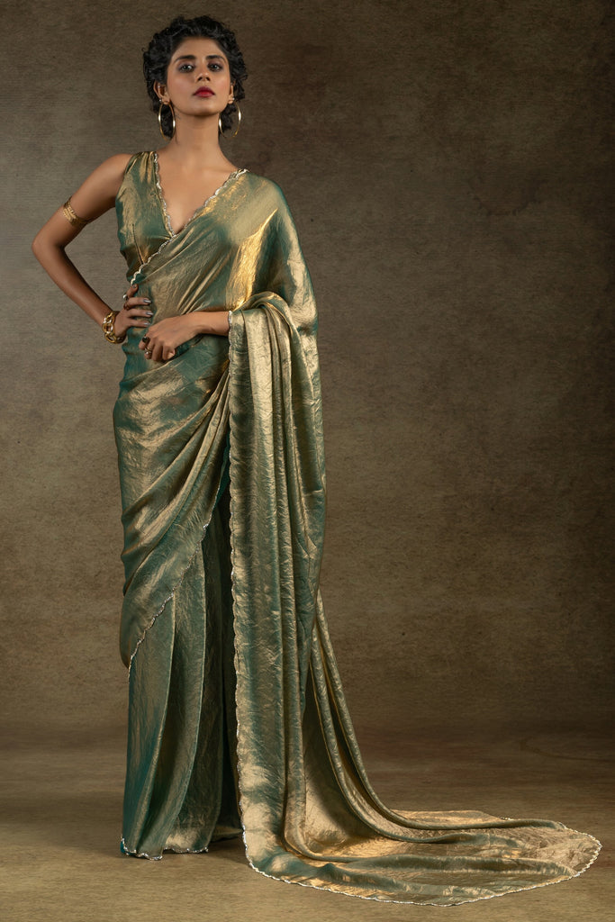 Marvelous Teal Blue Diamond Border Satin Party Wear Pre-Stitched Saree