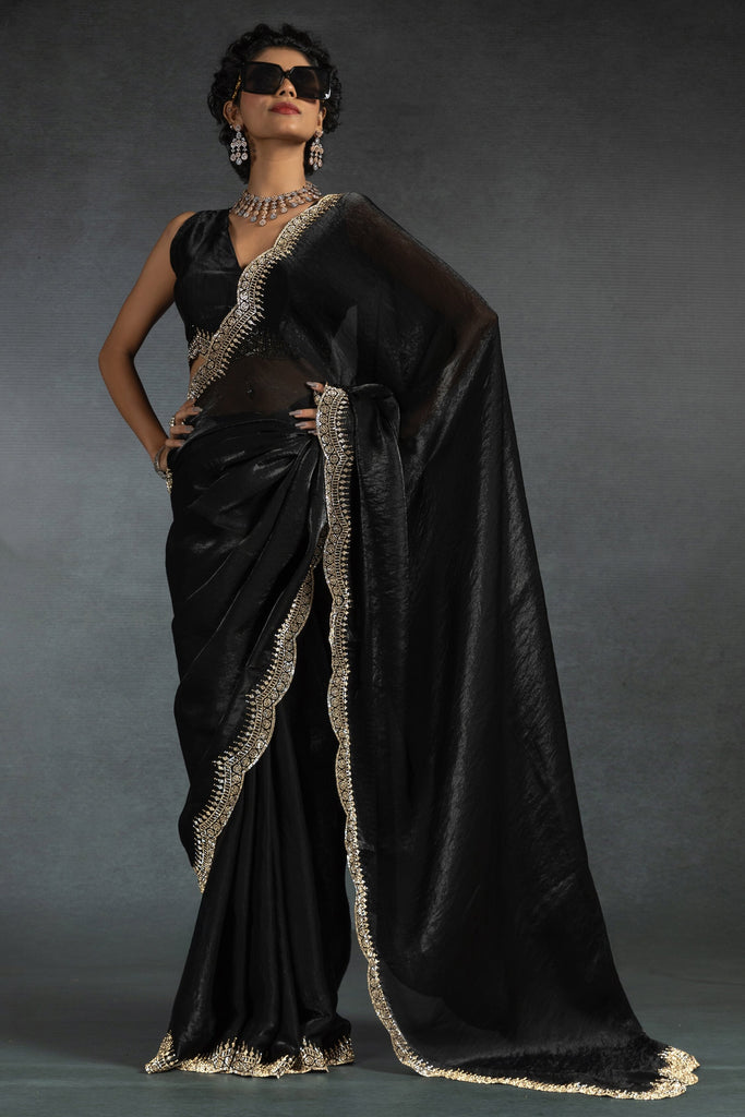 Enjoyable Black Hand Work Satin Silk Party Wear Saree With Blouse