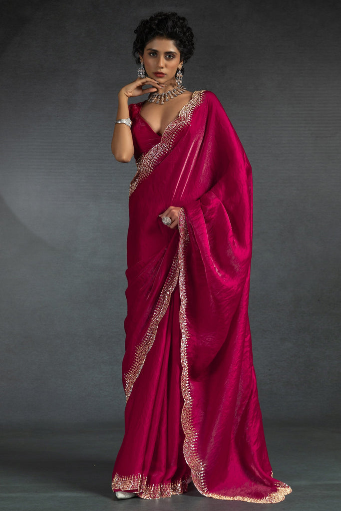 Alluring Rani Pink Zarkan Work Satin Silk Event Wear Saree With Blouse
