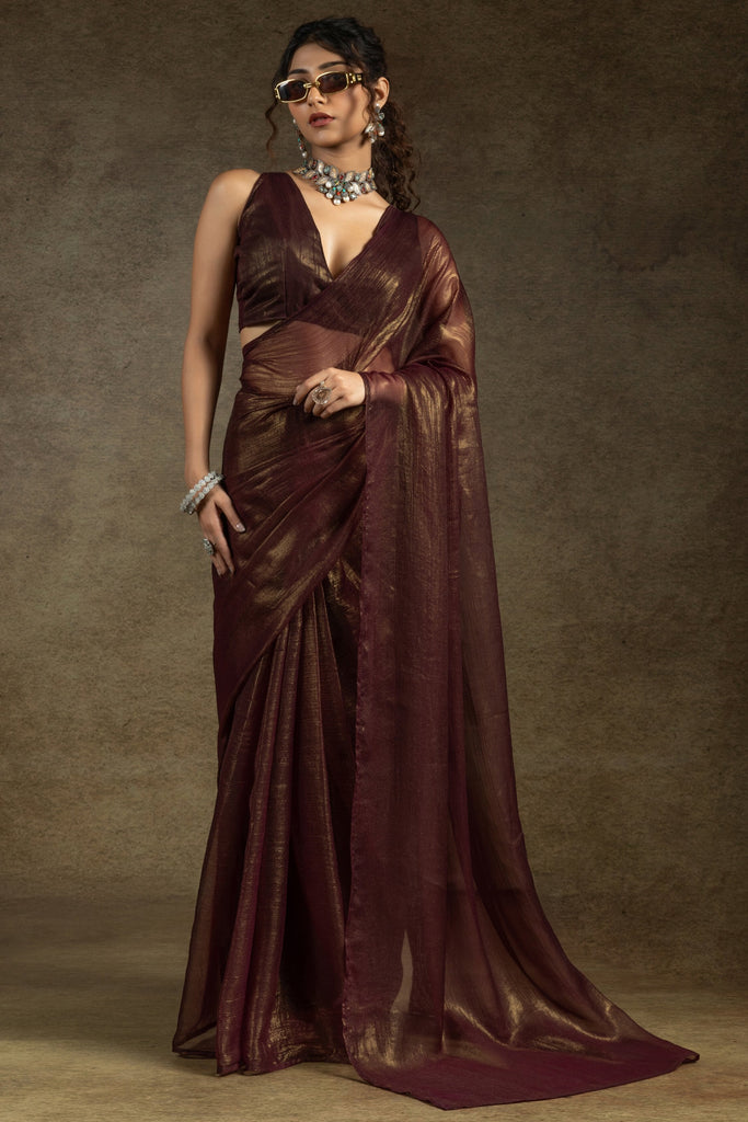Glamorous Brown-Color Chiffon Pre-Stitched Saree With Blouse