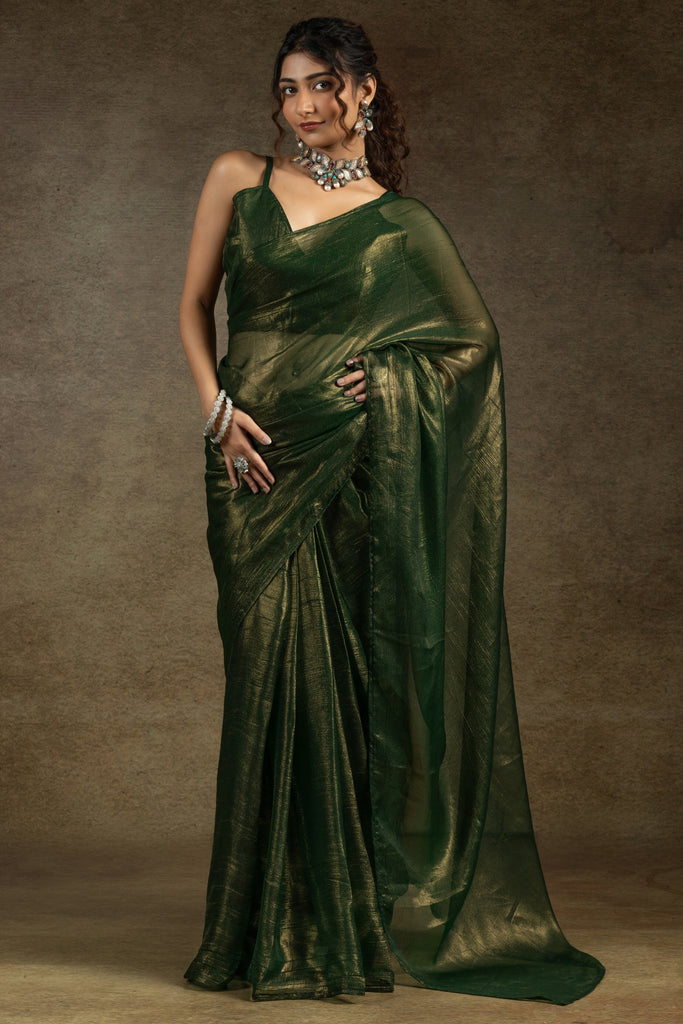 Captivating Green Chiffon Pre-Stitched Saree With Blouse