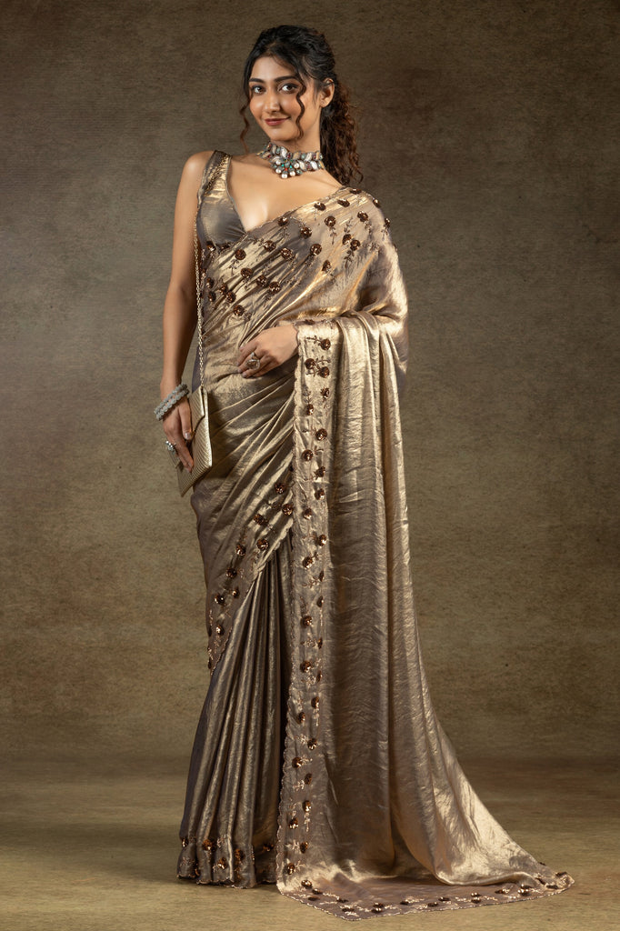 Ravishing Golden Zarkan Work Satin Party Wear Saree With Blouse