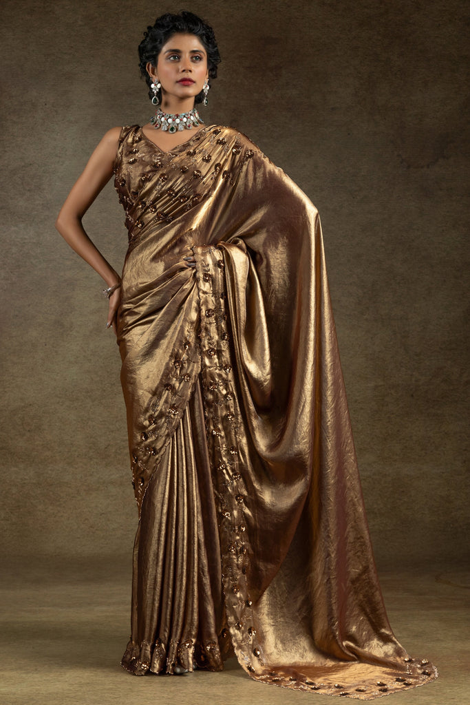 Stunning Golden Zarkan Work Satin Reception Wear Saree With Blouse