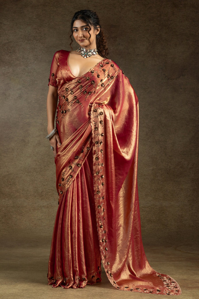 Shocking Peach Diamond Work Satin Wedding Wear Saree With Blouse