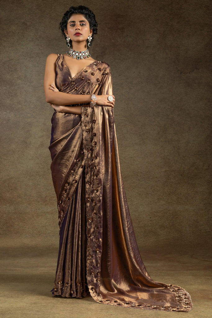 Surprising Rose Gold Sequins Satin Party Wear Saree With Blouse