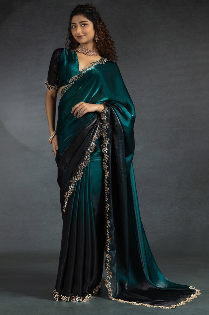Marvelous Teal Blue Zarkan Work Satin Wedding Wear Saree With Blouse