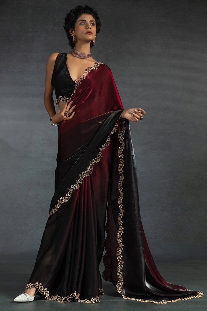Winsome Red Diamond Work Satin Wedding Wear Saree With Blouse