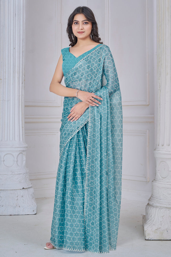 Astonishing Sky-Blue Hand Work Organza Bollywood Saree With Blouse