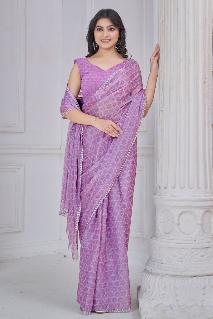 Unexpected Lavender Zarkan Work Organza Party Wear Saree With Blouse