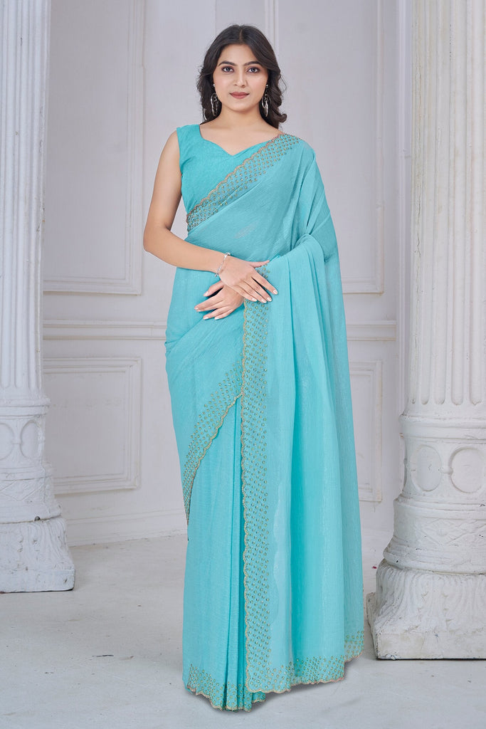 Wonderful Sky-Blue Hand Work Organza Function Wear Saree With Blouse