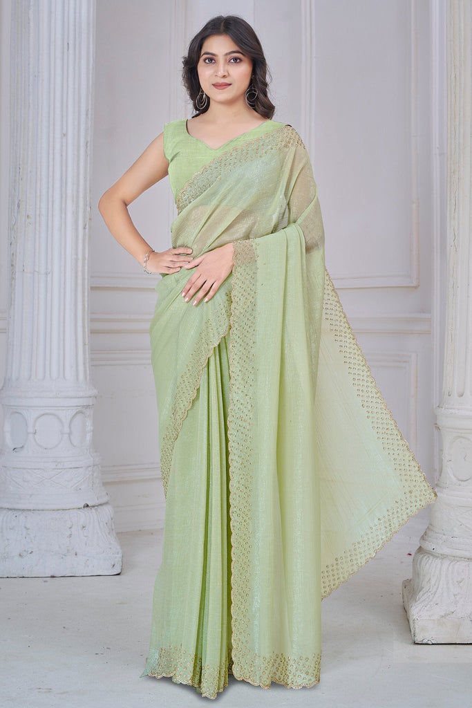 Amazing Light Green Beads Work Organza Function Wear Saree With Blouse