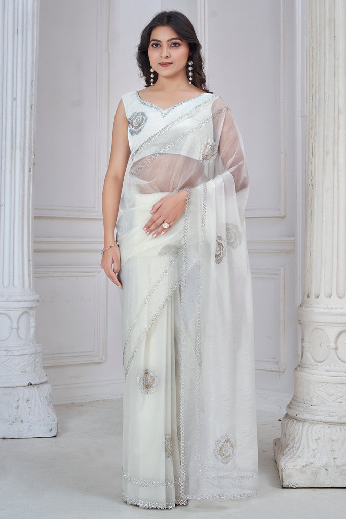 Stunning White Zarkan Work Organza Party Wear Saree With Blouse