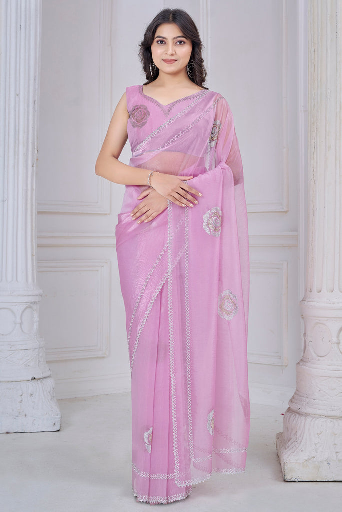 Ravishing Pink Zarkan Work Organza Wedding Wear Saree With Blouse