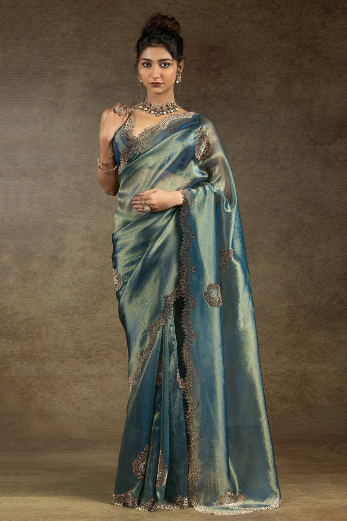 Alluring Dusty Green Hand Work Organza Function Wear Saree