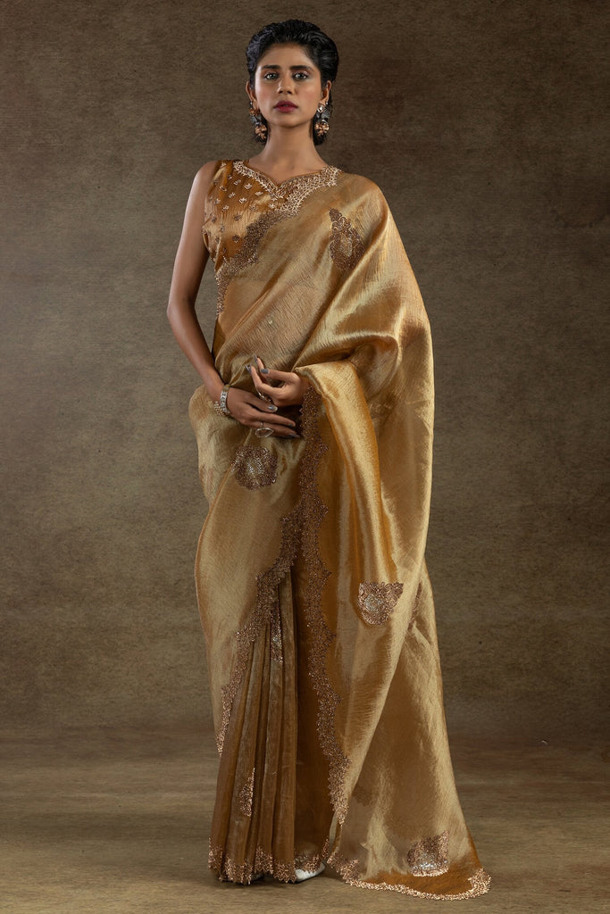 Unbelievable Golden Hand Work Organza Wedding Wear Saree