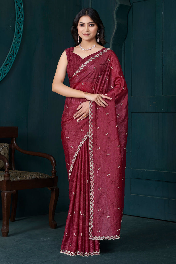 Ravishing Maroon Diamond Work Crepe Event Wear Saree With Blouse