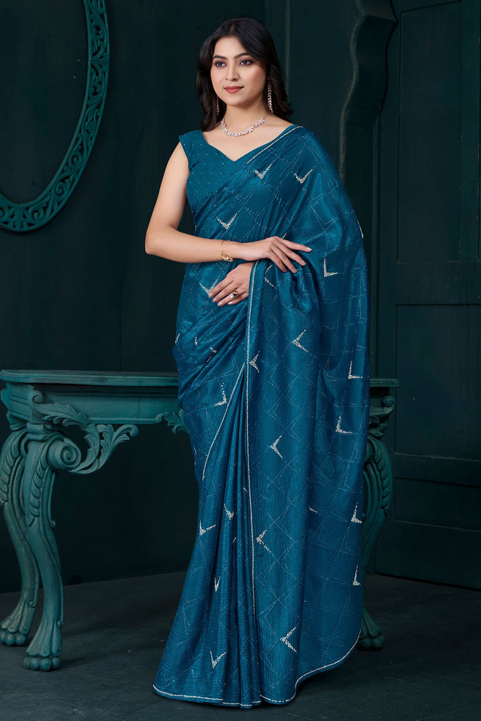 Stunning Teal Blue Diamond Work Crepe Event Wear Saree With Blouse