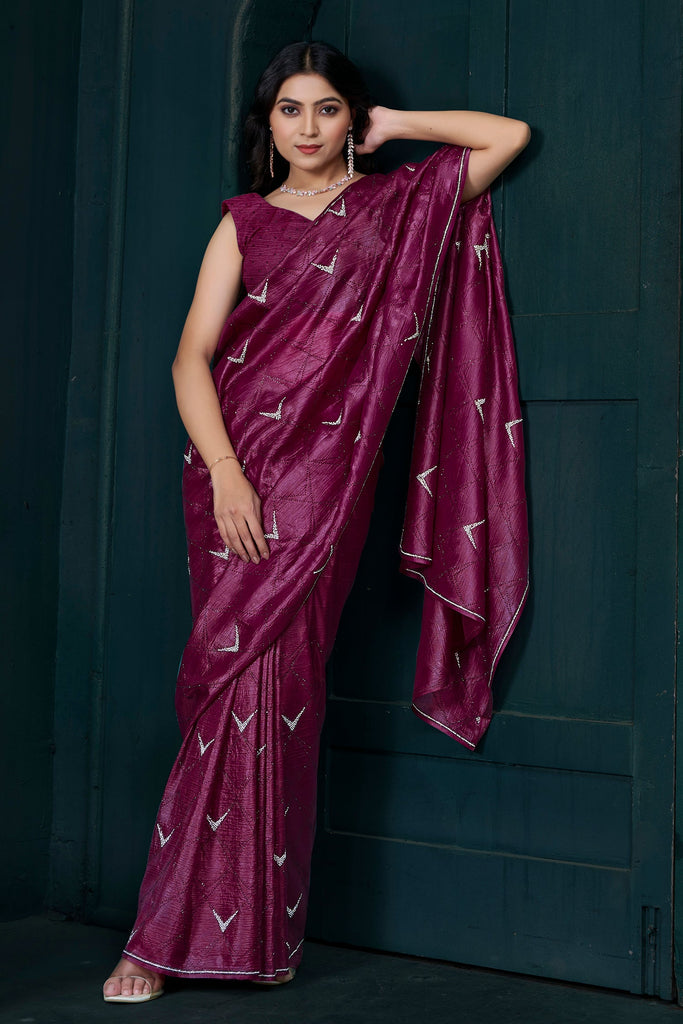 Surprising Wine Color Hand Work Crepe Party Wear Saree With Blouse