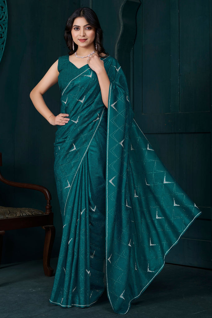 Incredible Teal Green Diamond Work Crepe Party Wear Saree With Blouse