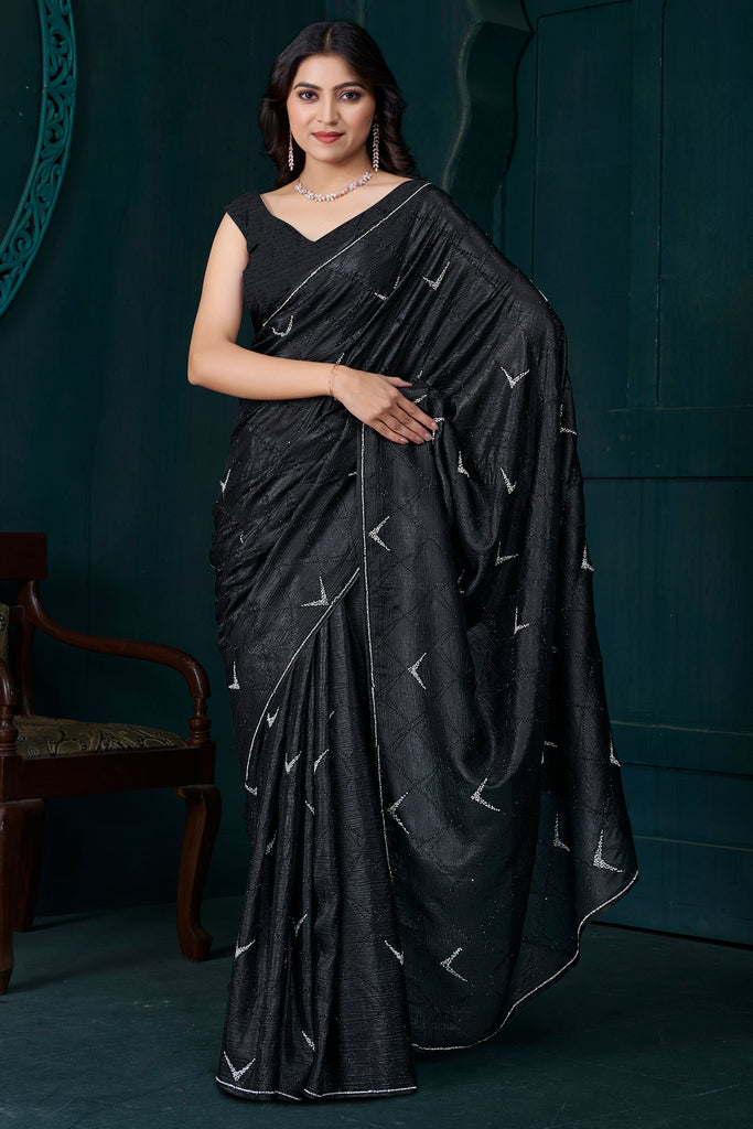 Awesome Black Hand Work Crepe Cocktail Wear Saree With Blouse