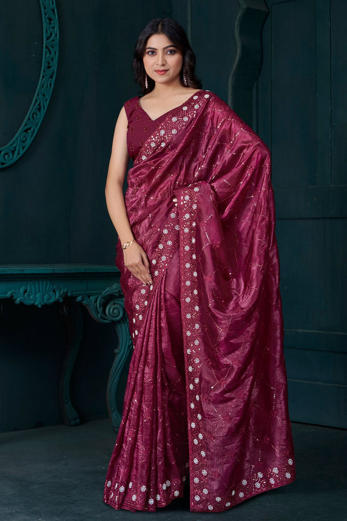 Ravishing Pink Sequins Silk Wedding Wear Saree With Blouse