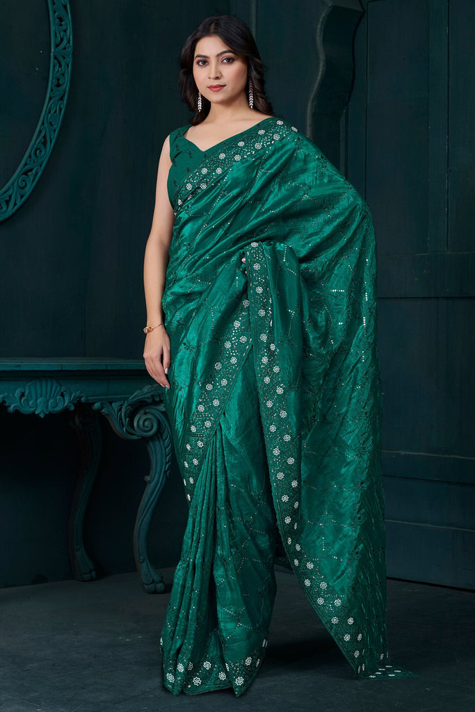 Fascinating Green Sequins Silk Event Wear Saree With Blouse