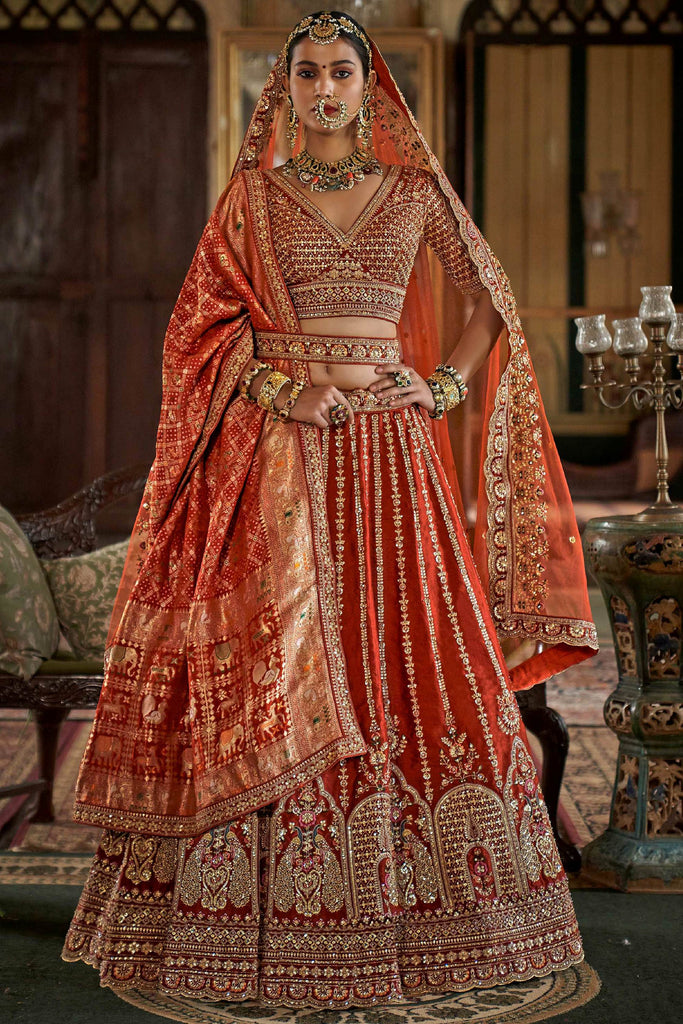 Beautiful Orange Sequins Silk Deisgner Lehenga Choli With Double Dupatta