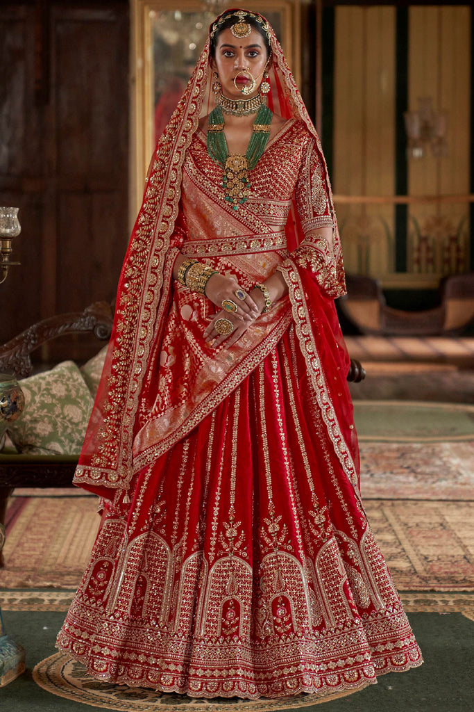 Enchanting Red Embroidered Silk Bridal Wear Lehenga With Double Dupatta