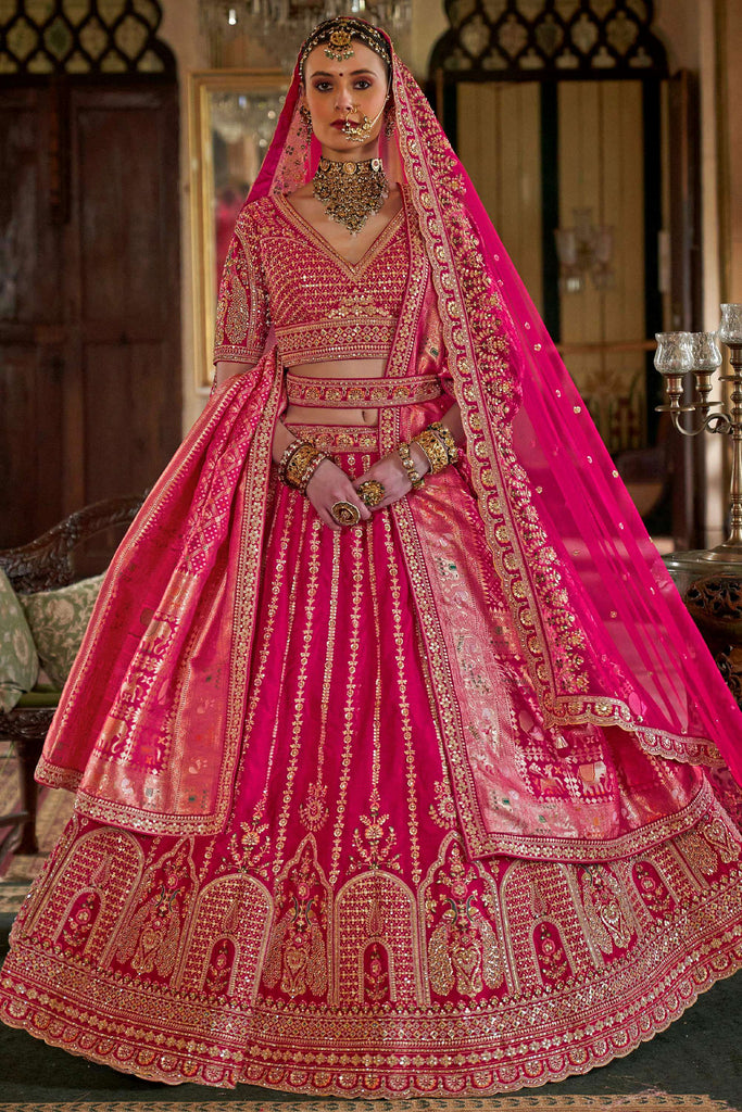 Gorgeous Pink Thread Work Silk Bridal Wear Lehenga Choli With Double Dupatta