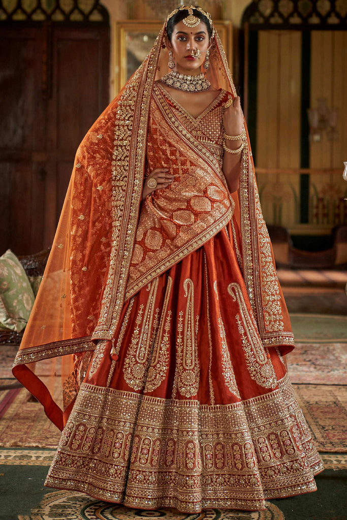 Graceful Orange Pearl Work Silk Bridal Lehenga Choli With Double Dupatta