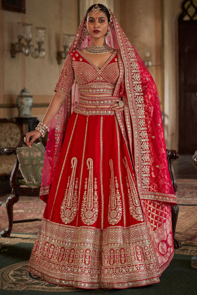 Charming Red Thread Embroidered Silk Bridal Wear Lehenga With Double Dupatta