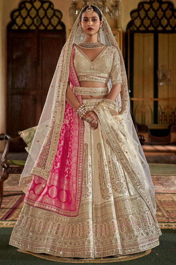 Elegant Off-White Pearl Work Silk Bridal Lehenga Choli With Double Dupatta