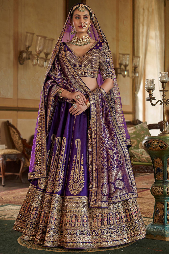 Outstanding Purple Sequins Silk Bridal Lehenga Choli With Double Dupatta