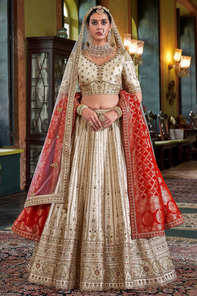 Beautiful Cream Sequins Silk Bridal Wear Lehenga Choli With Double Dupatta