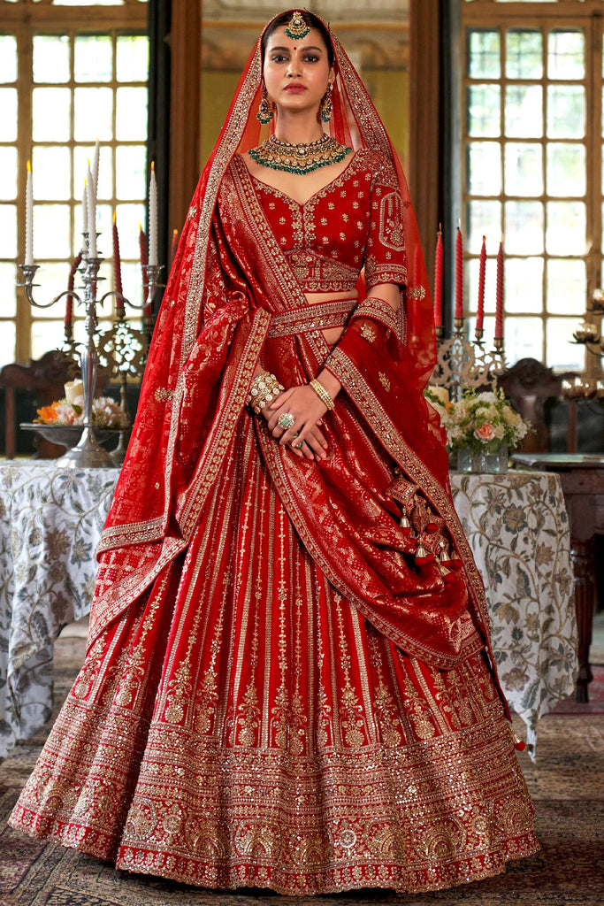 Alluring Red Stone Work Silk Bridal Wear Lehenga Choli With Double Dupatta