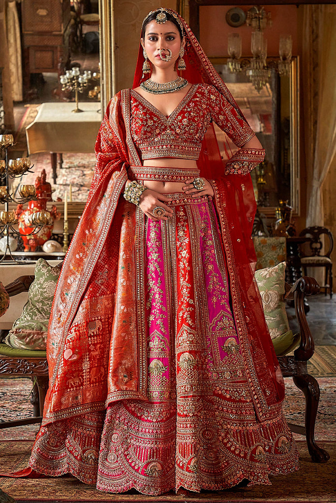 Charming Pink & Red Stone Work Silk Bridal Lehenga With Double Dupatta