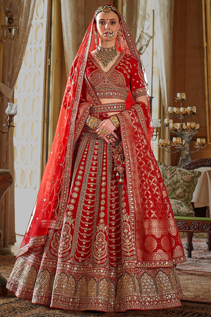 Precious Red Pearl Work Silk Bridal Wear Lehenga Choli With Double Dupatta