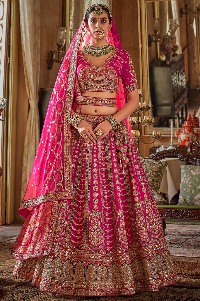 Amazing Pink Embroidered Silk Bridal Lehenga Choli With Double Dupatta