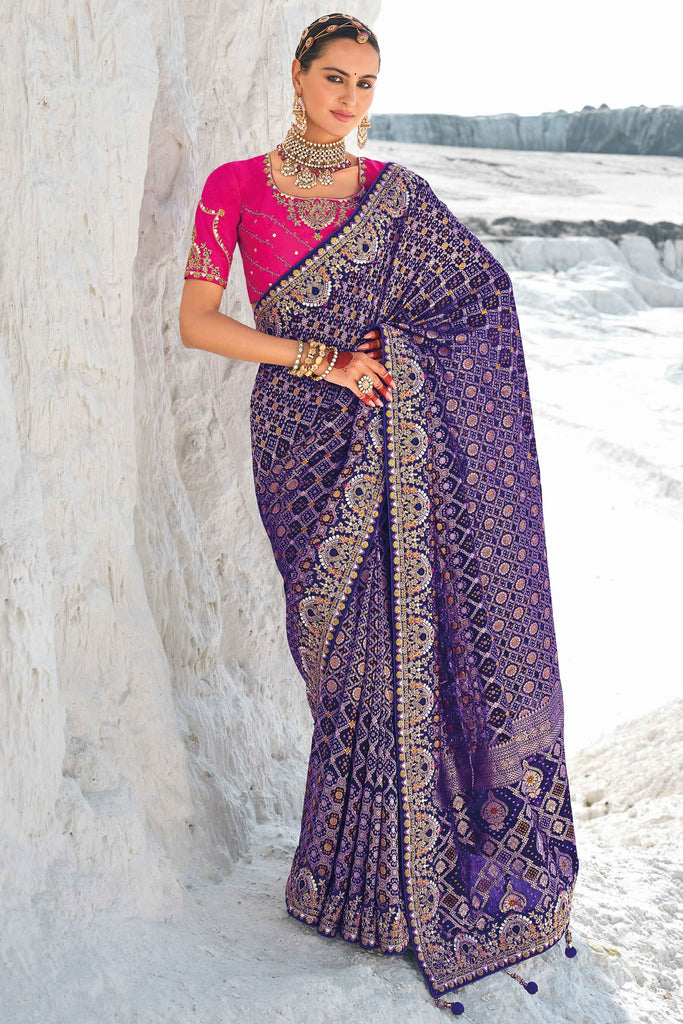 Beloved Purple Bandhani Printed Georgette Event Wear Saree With Blouse