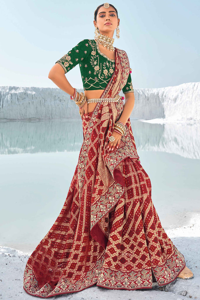 Extraordinary Maroon Bandhani Printed Georgette Festival Wear Saree 