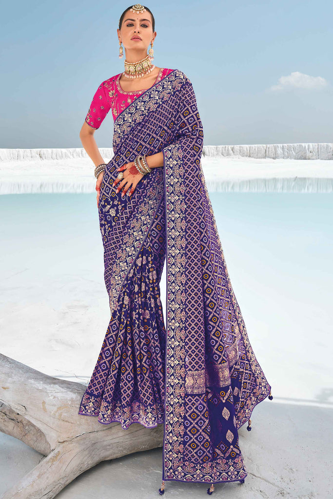 Wonderful Purple Bandhani Printed Georgette Event Wear Saree 