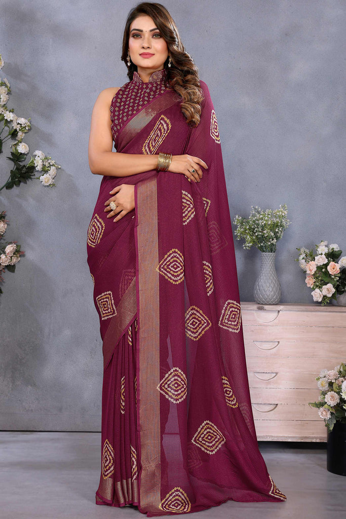 Attractive Magenta Printed Chiffon Festival Wear Saree With Blouse