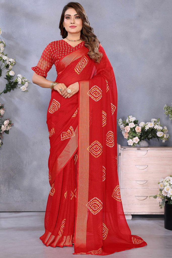 Precious Red Printed Chiffon Casual Wear Saree With Blouse