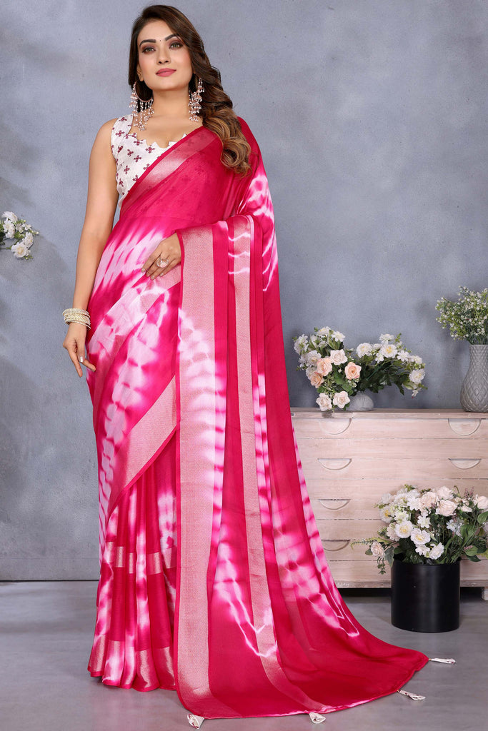 Outstanding Rani Pink Chiffon Shibori Printed Saree With Blouse