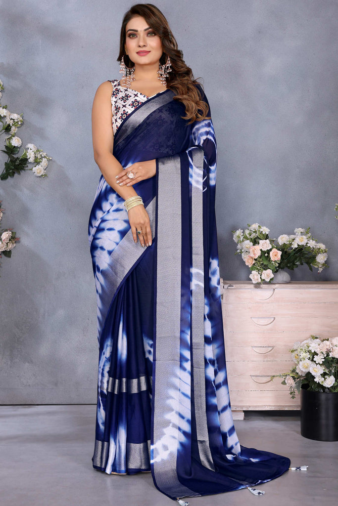 Wonderful Navy Blue Shibori Printed Chiffon Party Wear Saree